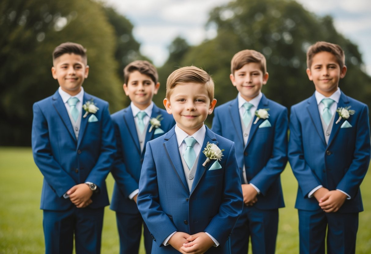 A young boy in a miniature suit stands proudly with the groom and other groomsmen, holding a small bouquet or wearing a boutonniere