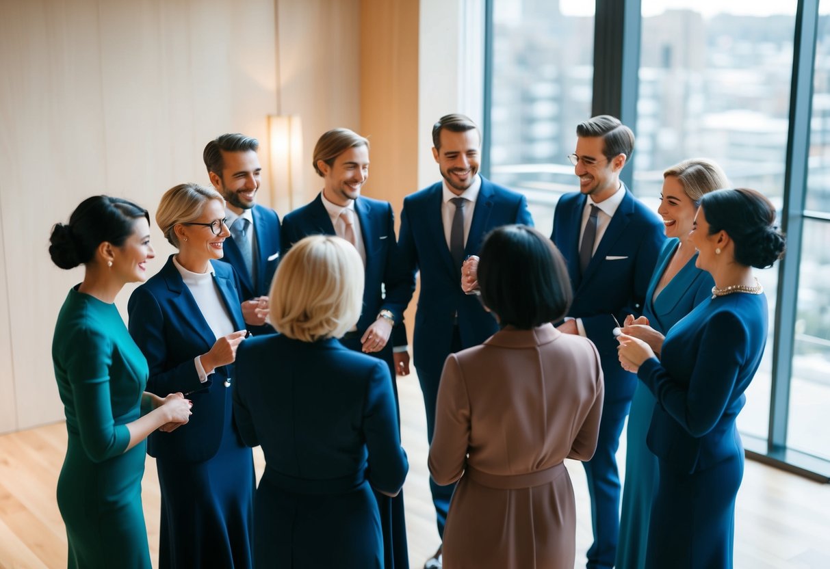 A group of elegantly dressed figures stand in a circle, chatting and laughing, creating a warm and supportive atmosphere