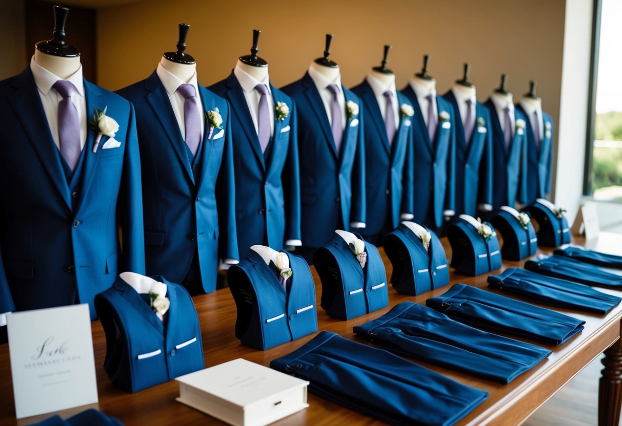 A row of neatly arranged groomsmen's suits and accessories on a wooden table