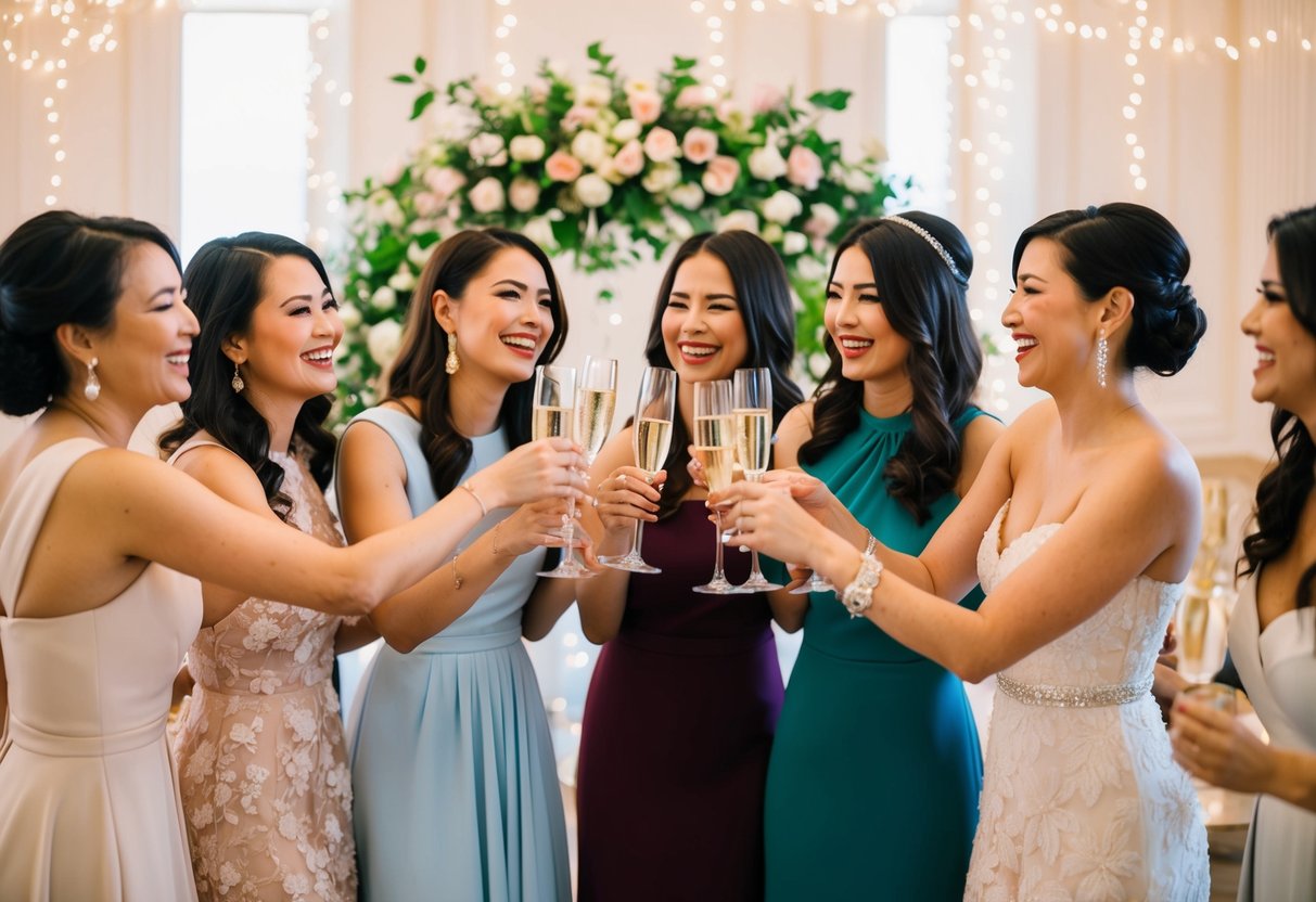 A group of women in elegant dresses clinking champagne glasses and laughing in a beautifully decorated room with floral arrangements and twinkling lights
