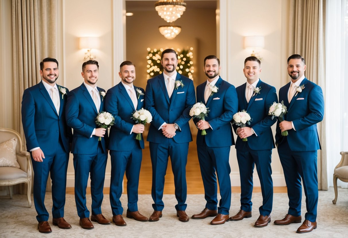 A group of groomsmen standing together, each holding a unique boutonniere. The setting is elegant and festive, with soft lighting and decorative details adding to the special occasion