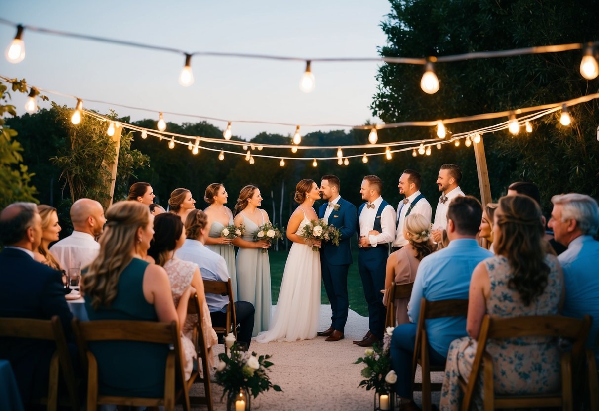 A cozy outdoor setting with string lights and minimal decor, surrounded by close friends and family, capturing the intimacy and simplicity of a small wedding trend