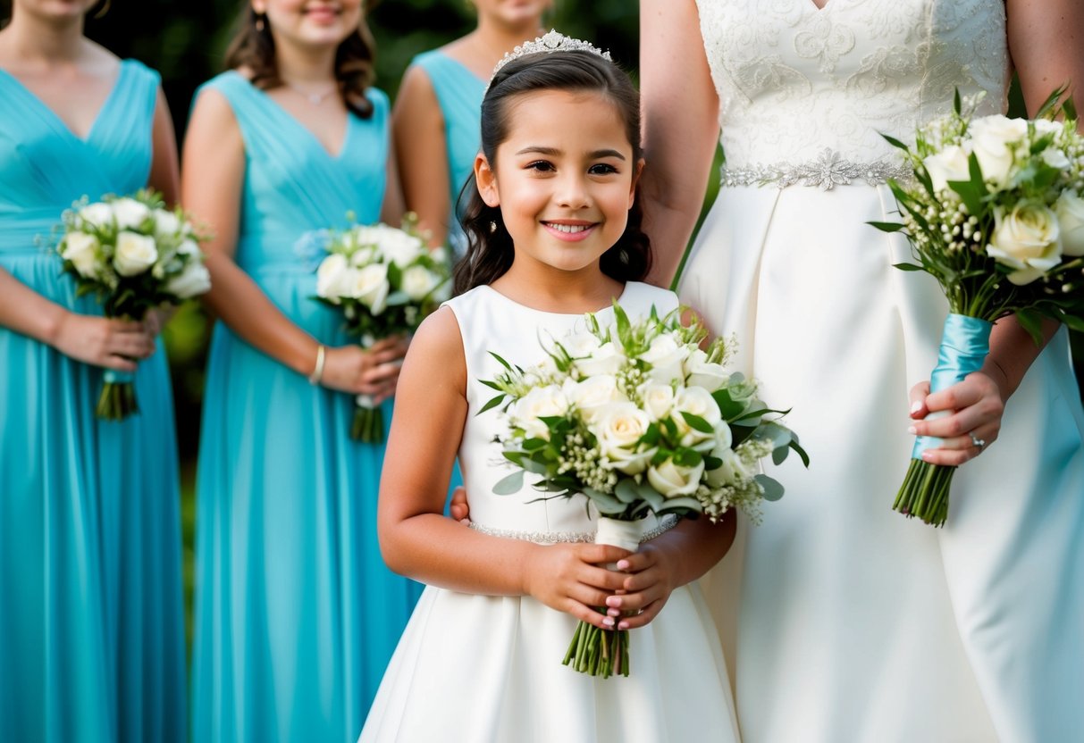 A young girl stands beside a bride, holding her bouquet and smiling proudly. She wears a dress matching the bridal party, and looks confident and happy