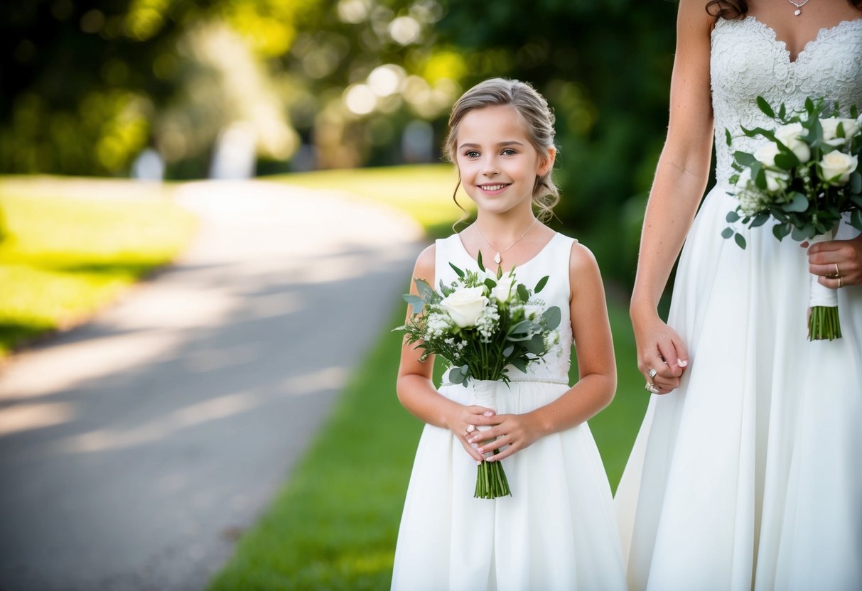 A young girl stands beside a bride, holding a bouquet and smiling. She wears a dress similar to the bride's, indicating her role as maid of honor