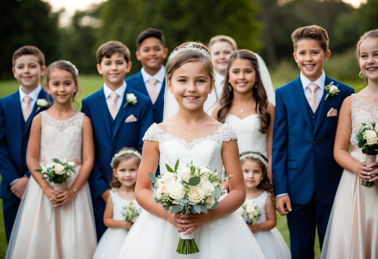A 12-year-old girl stands proudly in a beautiful gown, holding a bouquet, surrounded by other younger wedding party members, all smiling and excited