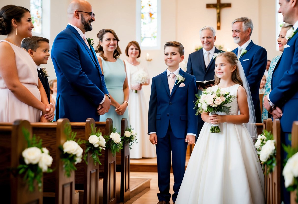 A young girl stands at the altar, surrounded by family. She holds a bouquet and smiles as she watches the bride and groom exchange vows