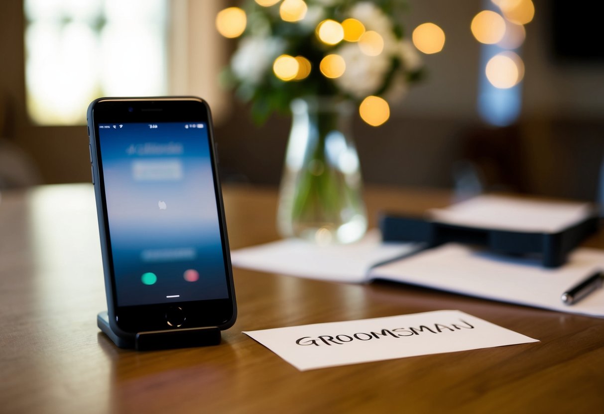 A phone resting on a table with a groomsman's name written on a piece of paper next to it