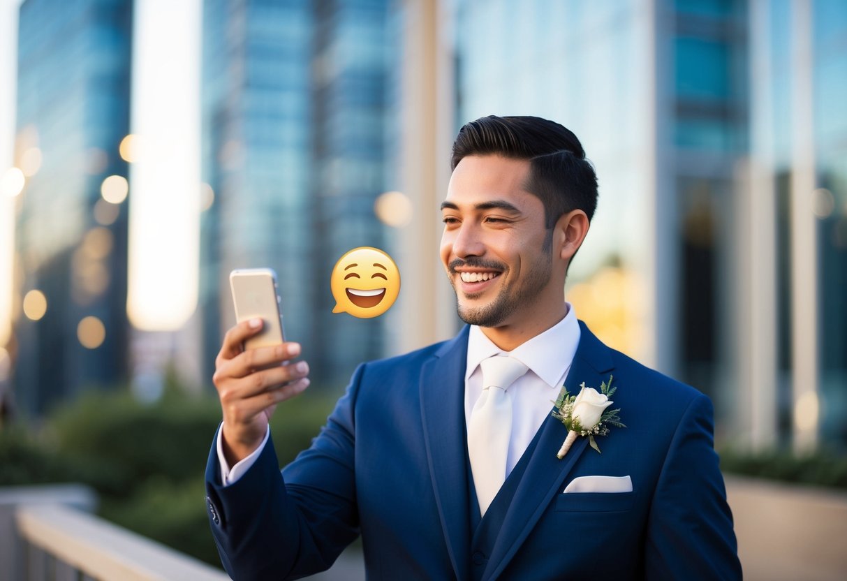 A groomsman receiving a text message with a smiling face and thumbs up emoji