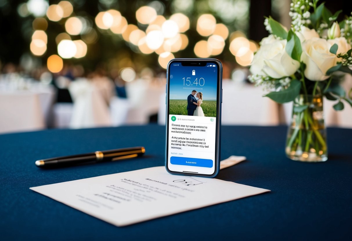 A groomsman's phone on a table with a wedding invitation and a text message notification