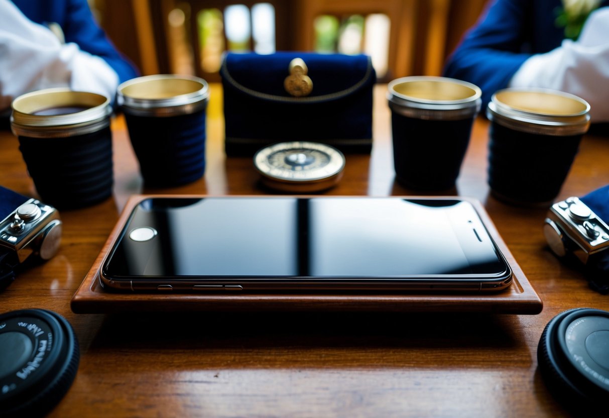 A smartphone placed on a traditional wooden table, surrounded by classic groomsmen attire and accessories