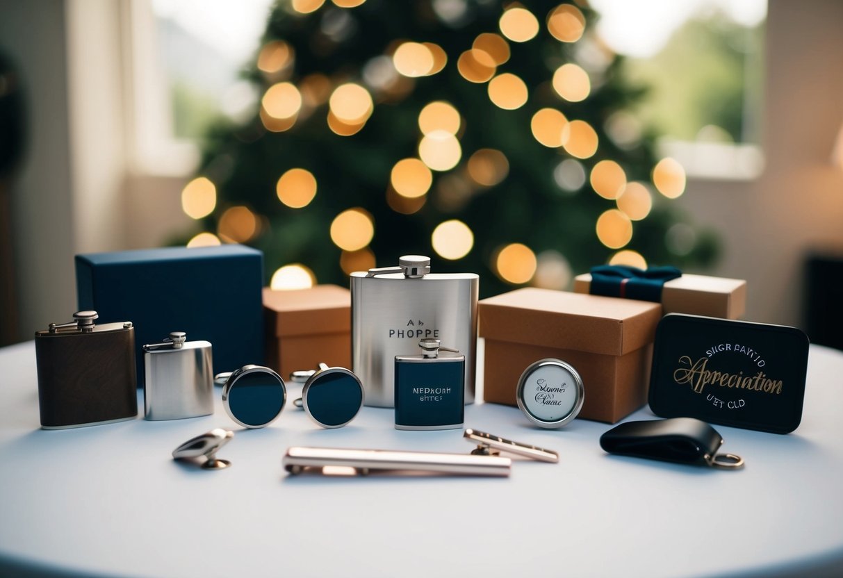 A table with a neatly arranged array of gifts and tokens of appreciation, including cufflinks, a flask, and a personalized tie clip