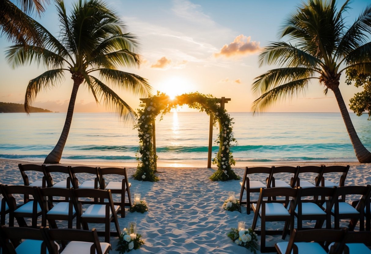 A picturesque beach setting with a wedding arch, surrounded by palm trees and crystal-clear waters, as the sun sets in the background