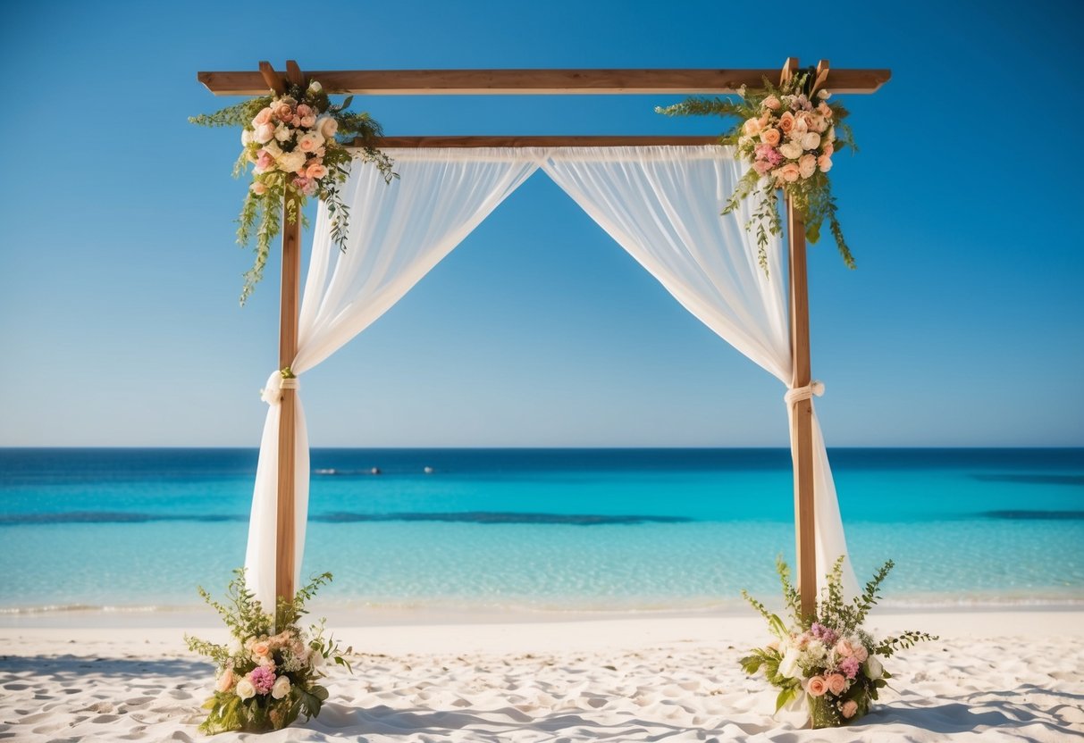 A serene beach with a simple wooden arch adorned with flowers and billowing fabric, overlooking a crystal-clear ocean under a bright blue sky