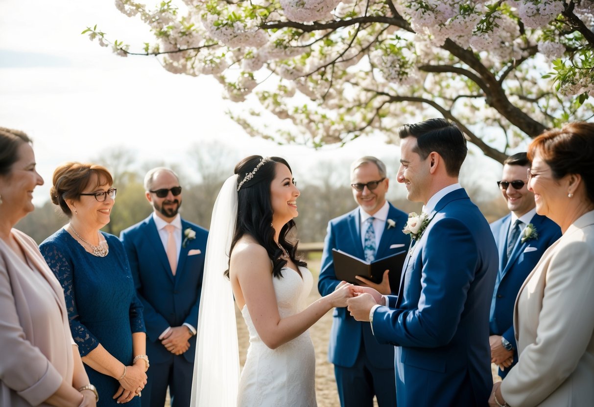 A couple exchanging vows under a blooming tree with a small, intimate gathering of loved ones