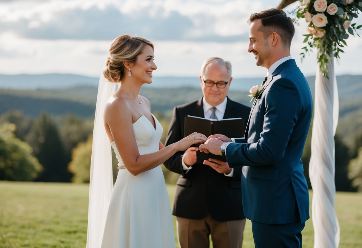 A couple standing before an officiant, exchanging vows and rings in a scenic outdoor setting