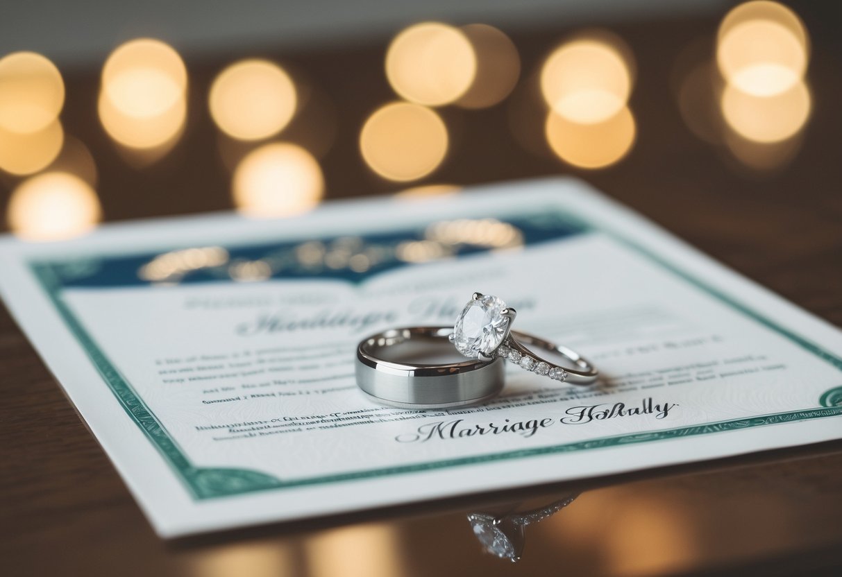 A wedding ring and a marriage certificate on a table
