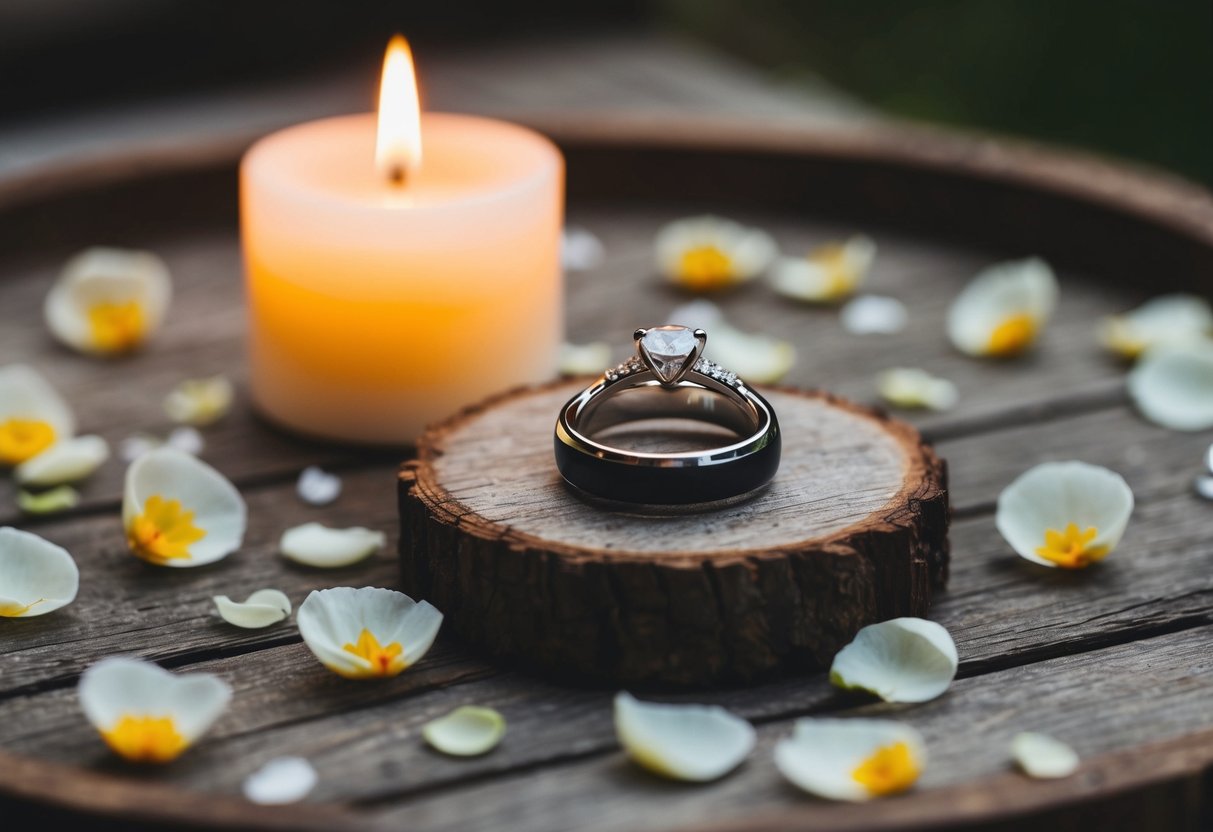 A wedding ring placed on a rustic wooden table, surrounded by scattered flower petals and a flickering candle