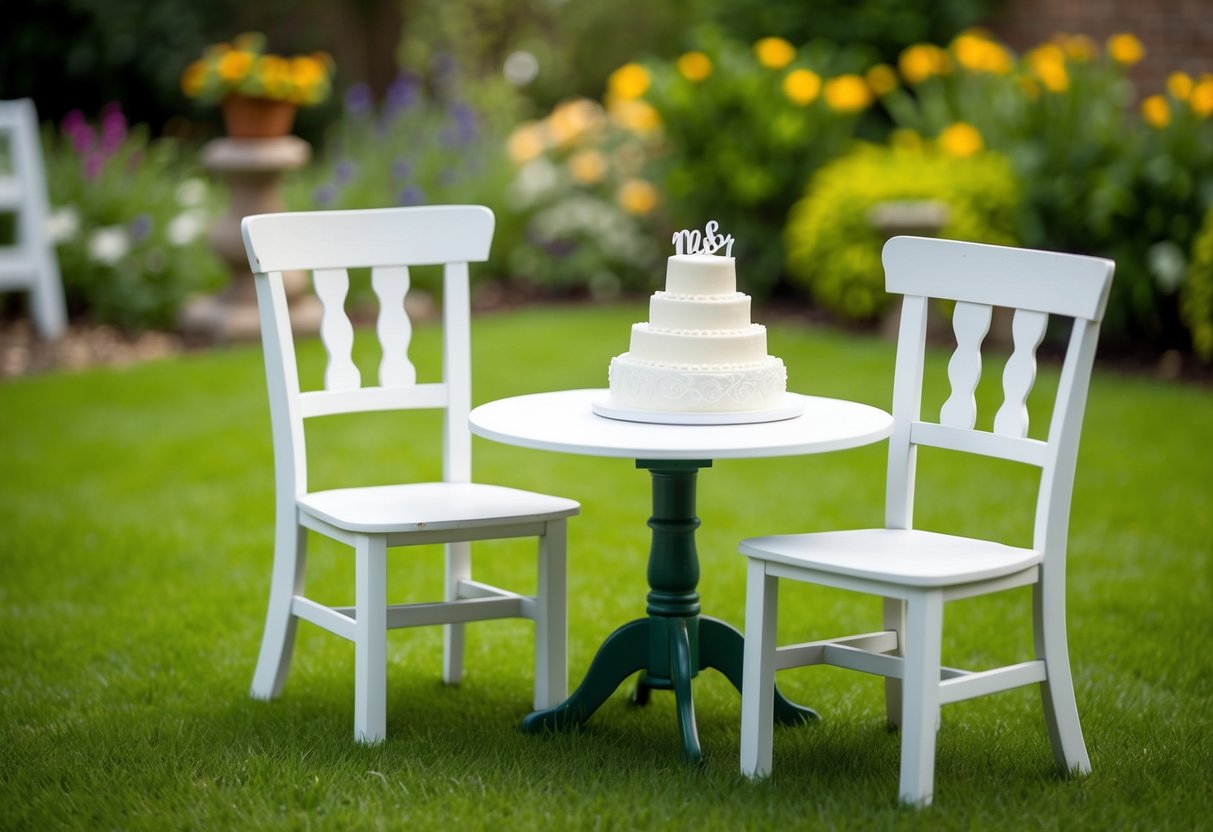 A small garden with two chairs, a table, and a tiny wedding cake