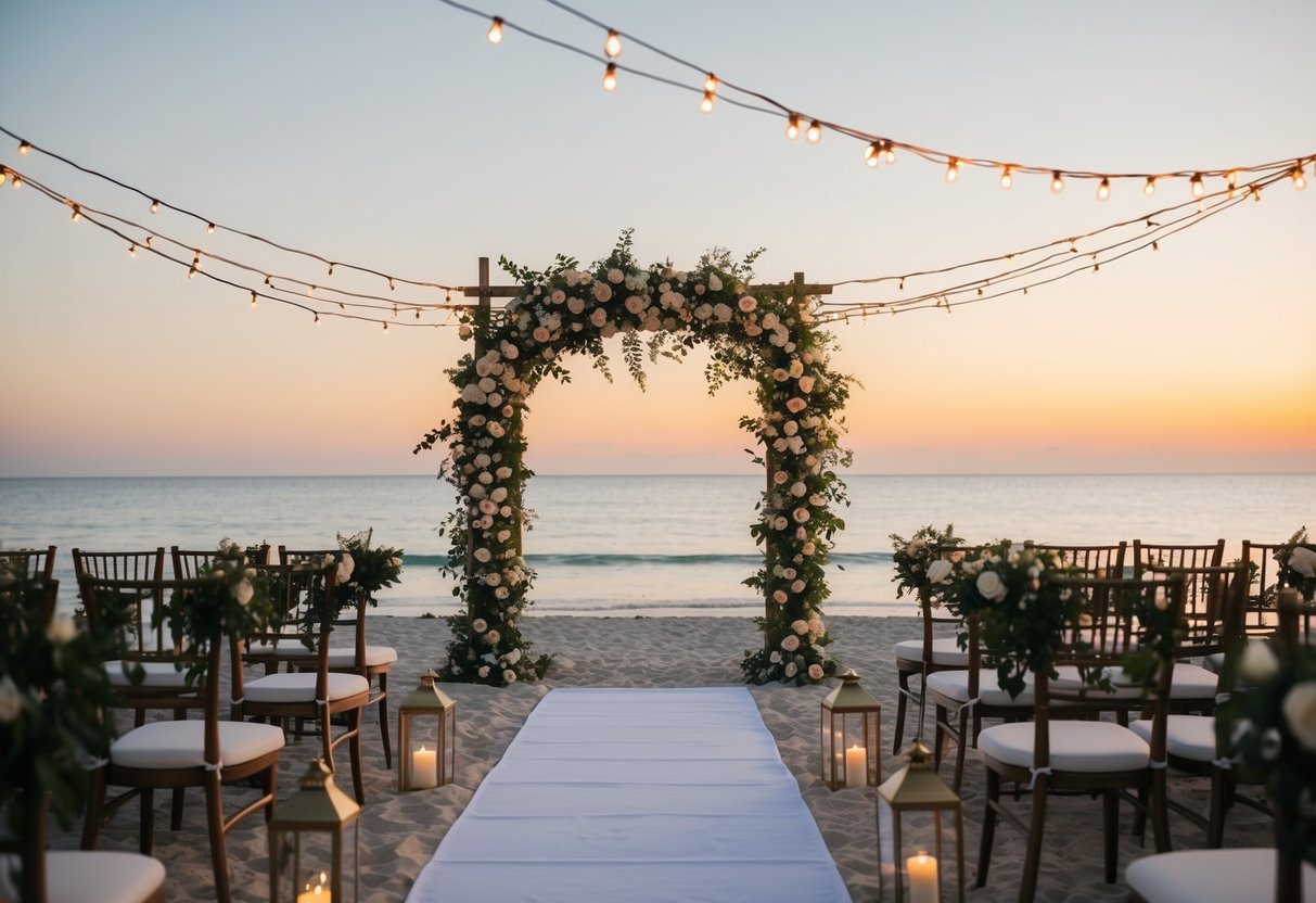 A serene beach at sunset, with a floral arch and a canopy of twinkling lights set up for a destination wedding
