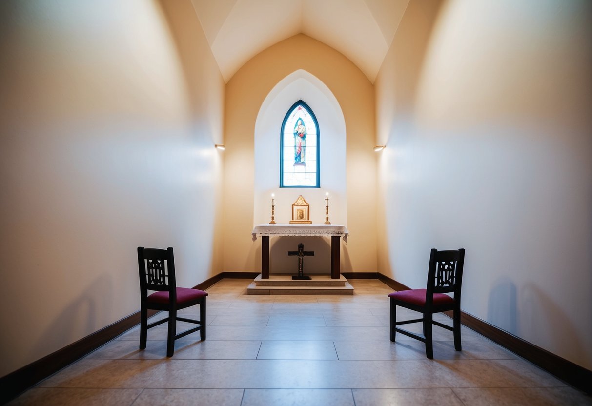 A small, empty chapel with a simple altar and two chairs