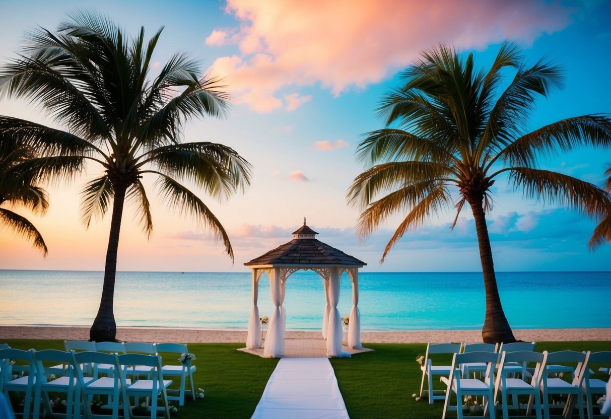 A serene beach with palm trees, clear blue water, and a colorful sunset in the background. A romantic gazebo is set up for a wedding ceremony