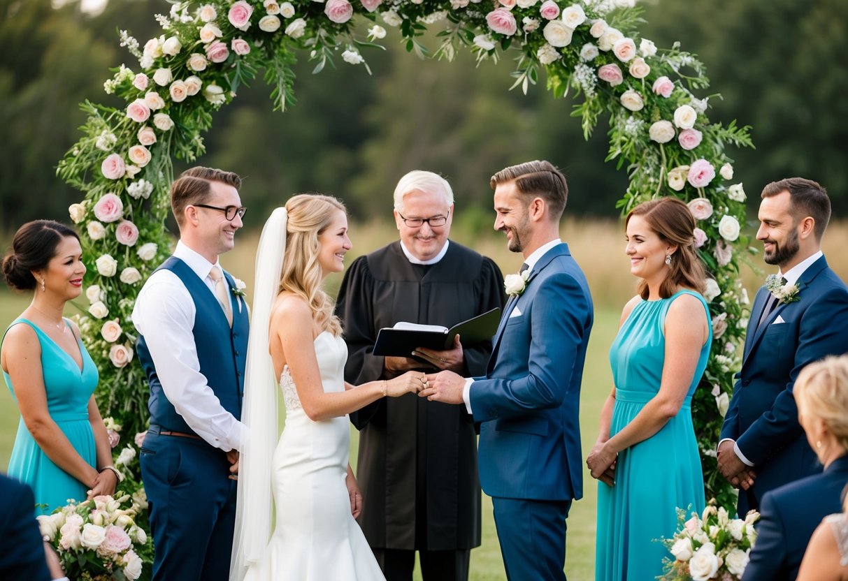A couple standing under a flower-covered arch with an officiant, surrounded by a small group of witnesses, exchanging vows and rings