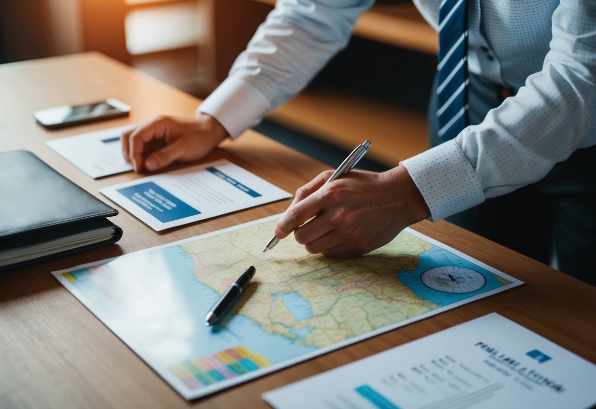 A figure weighing options at a desk with a map, invitation, and pen