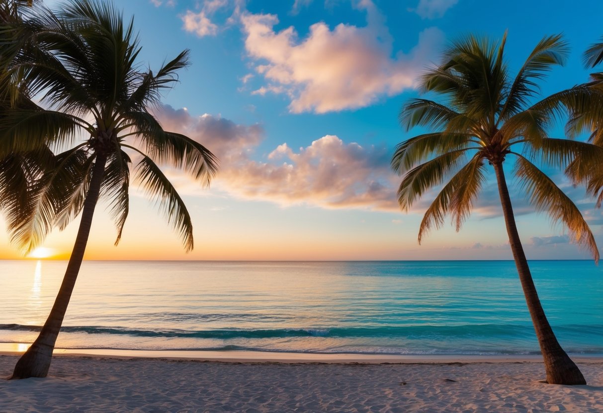 A beautiful beach with a stunning sunset, surrounded by palm trees and clear blue water, perfect for a destination wedding