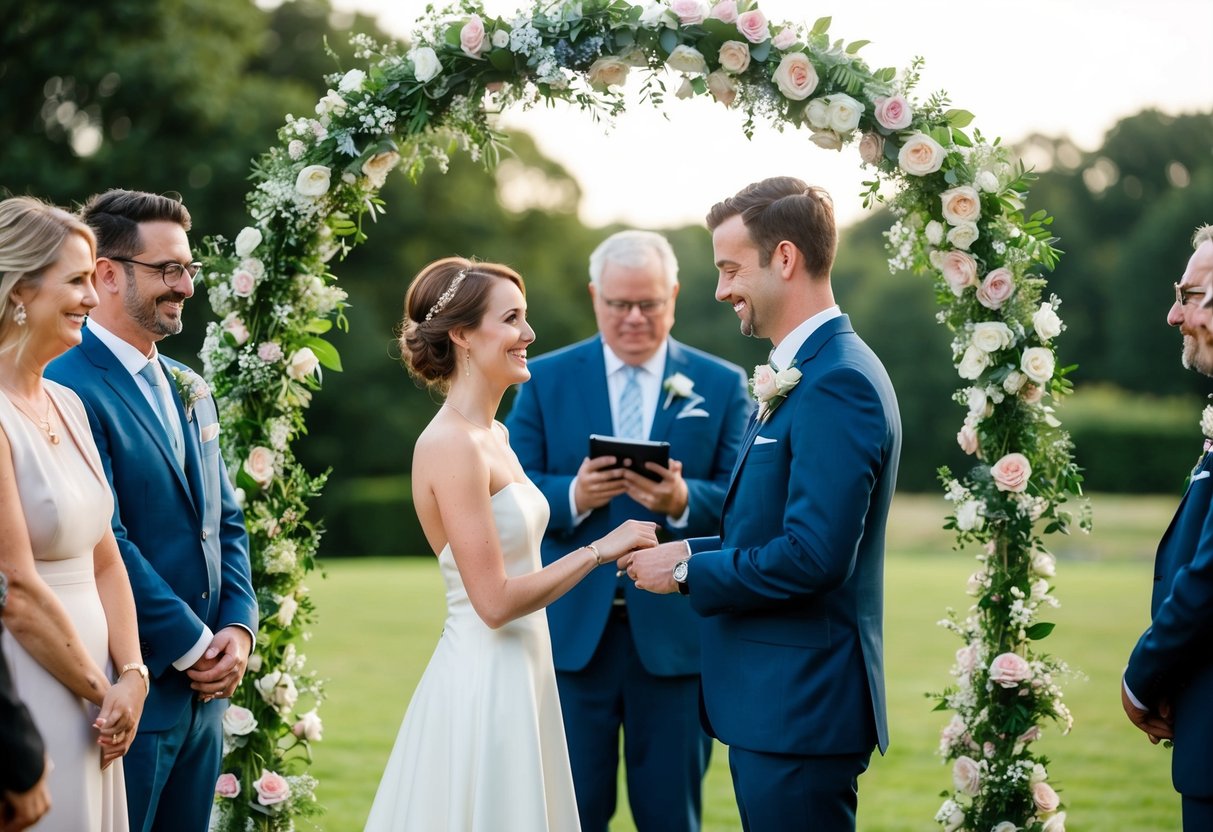 A couple standing under a flower arch, surrounded by a small group of witnesses, exchanging rings in a quick and simple ceremony