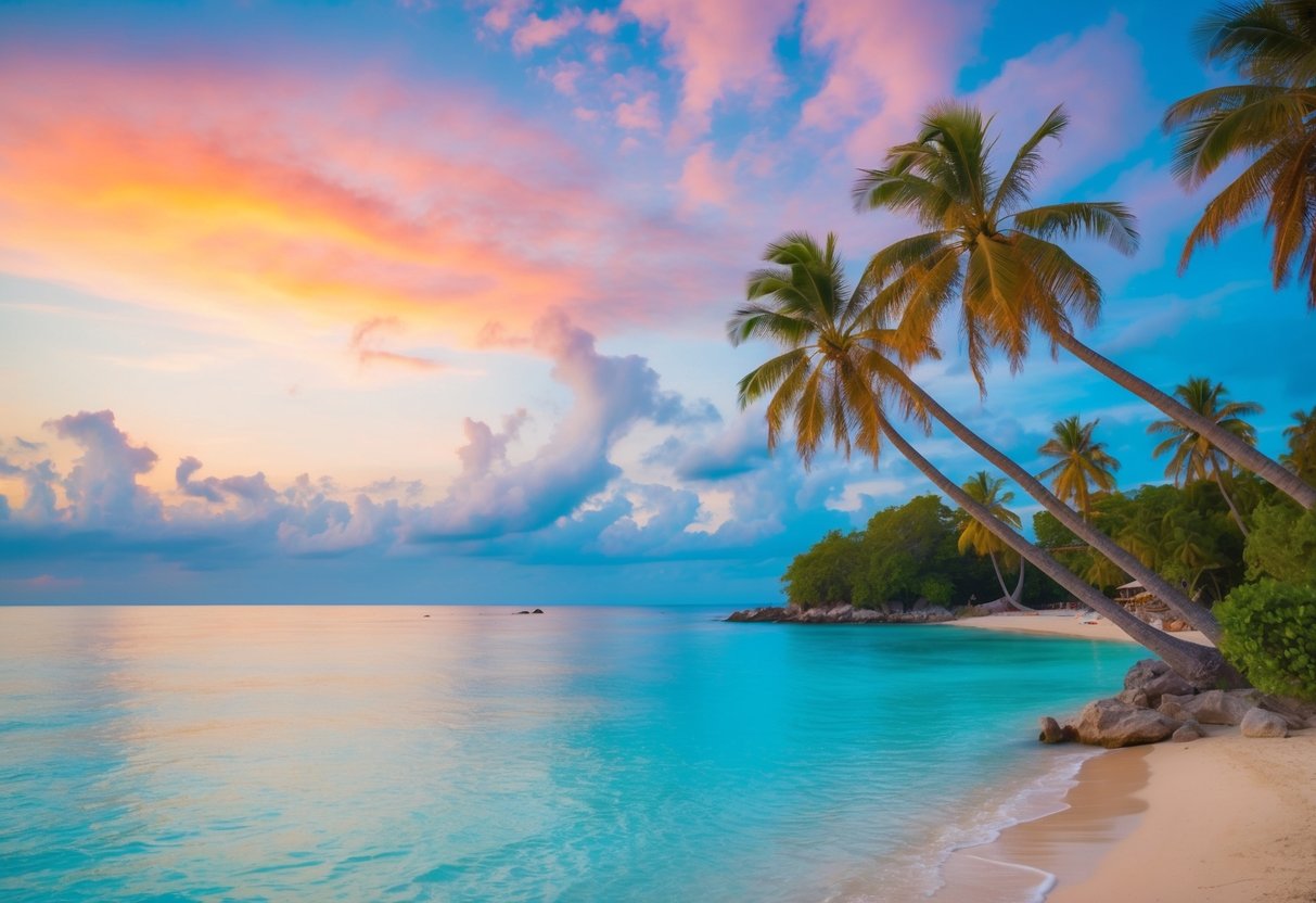 A serene beach with palm trees, crystal-clear waters, and a vibrant sunset in the background