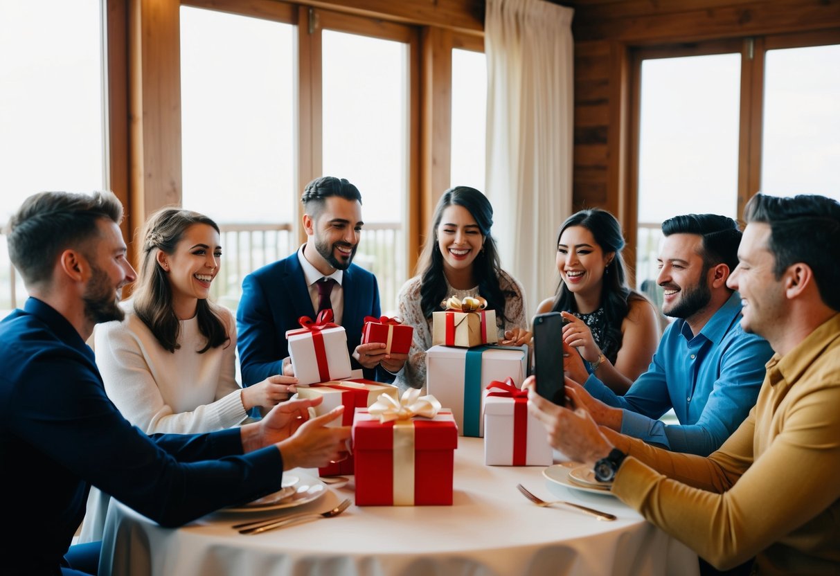 A group of friends gather around a table, exchanging gifts and laughing while video chatting with a couple getting married at a destination wedding