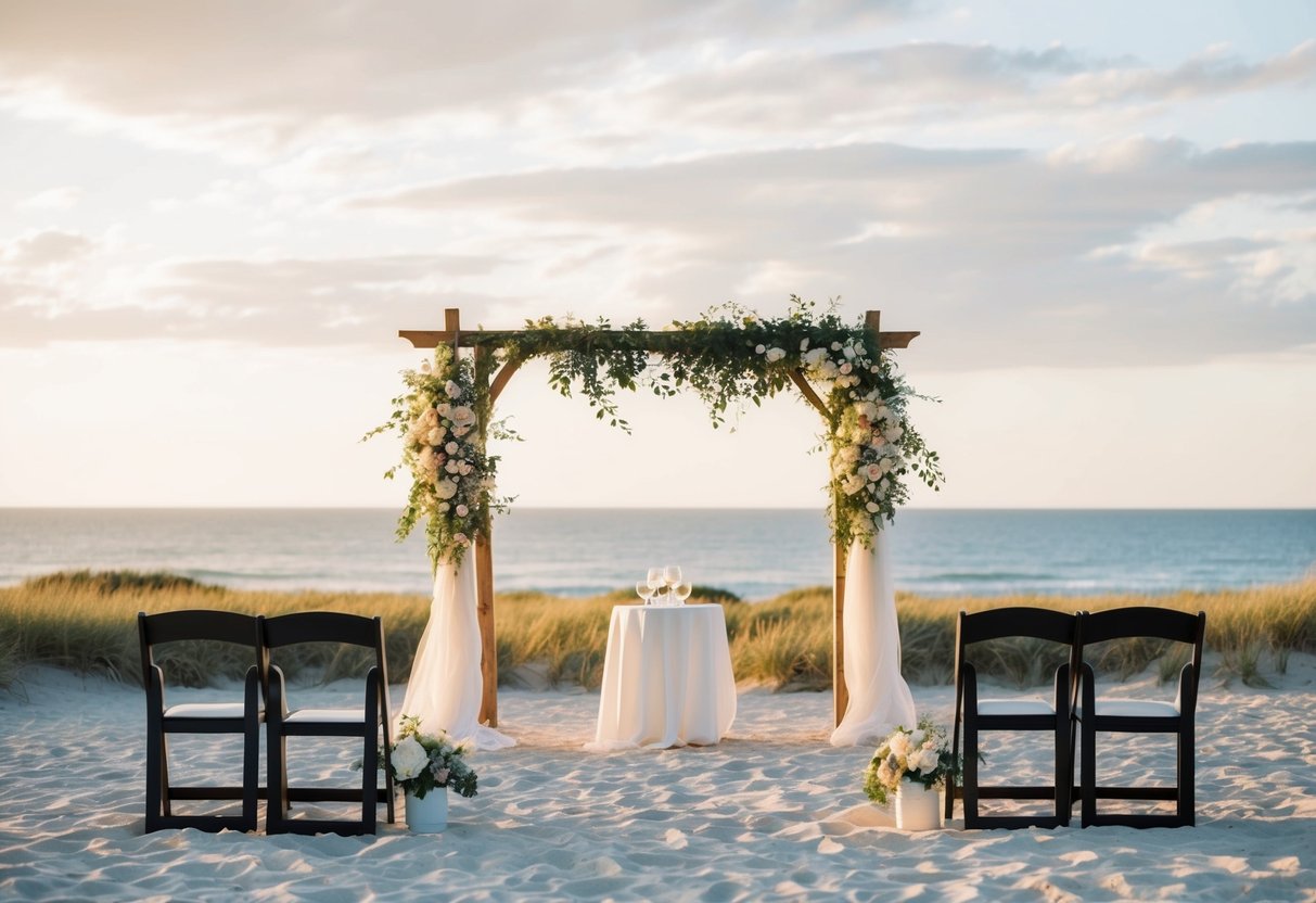 A scenic beach with a wedding arch, chairs, and a view of the ocean