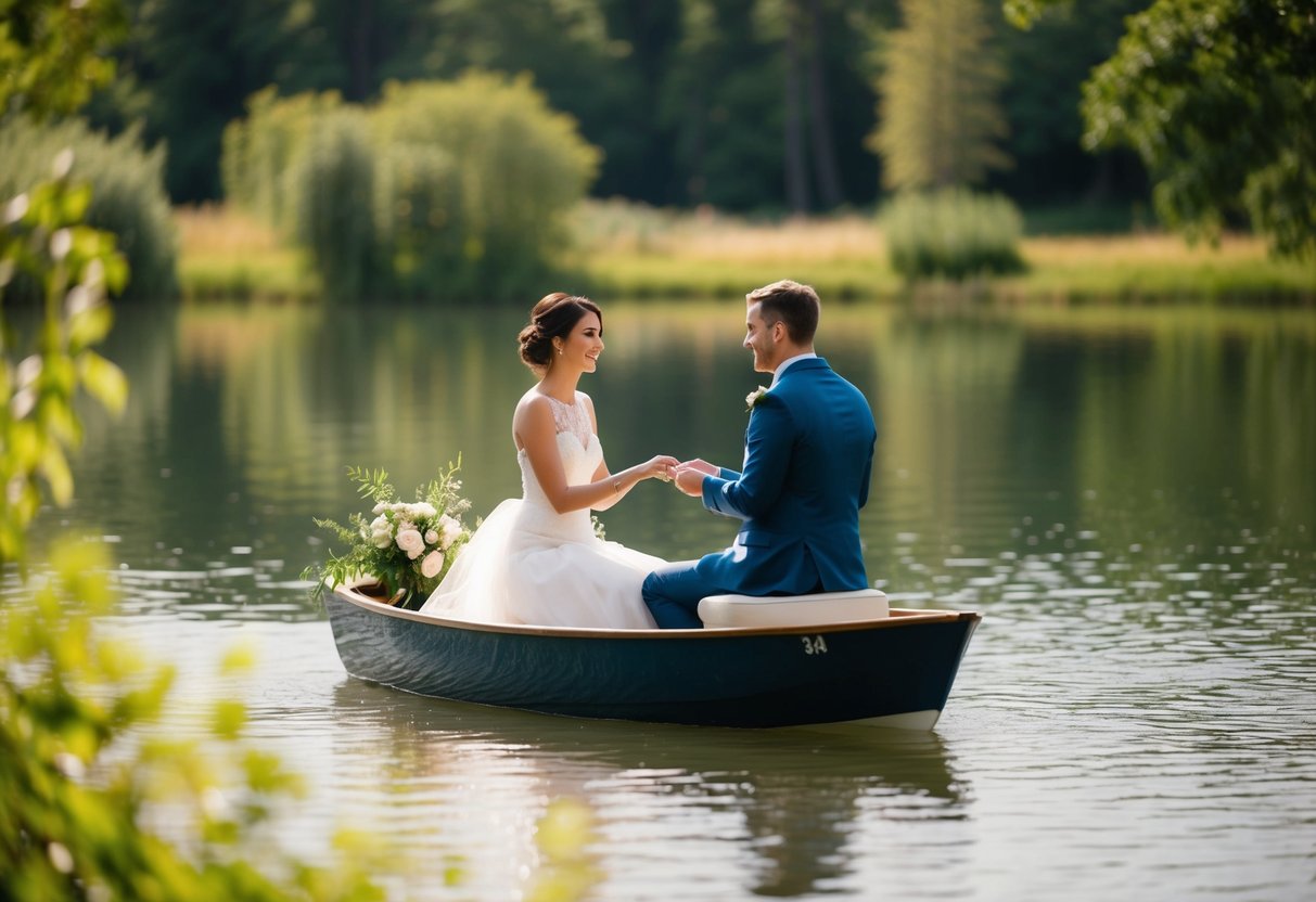 A couple sits on a small boat, surrounded by a serene lake and lush greenery, exchanging vows in an intimate ceremony