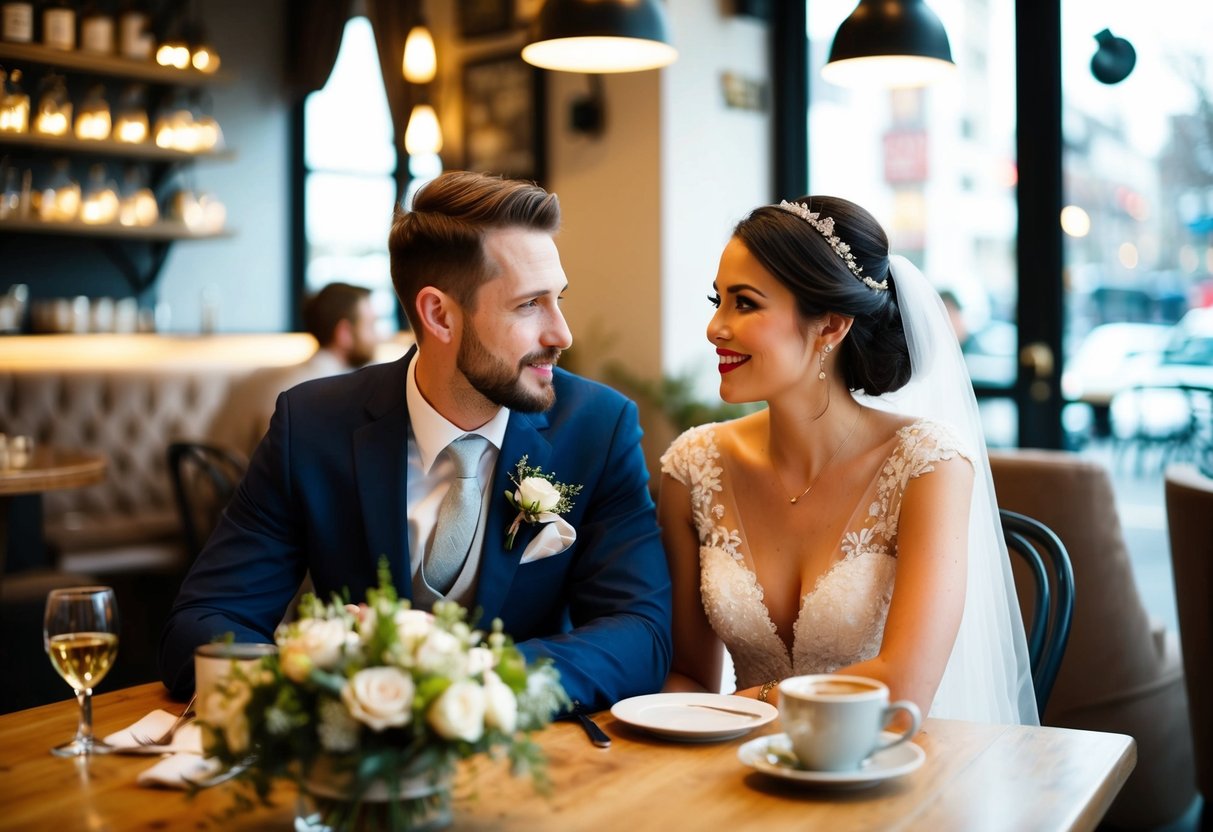A couple sits in a cozy cafe, surrounded by intimate decor and soft lighting, discussing their wedding plans with thoughtful expressions