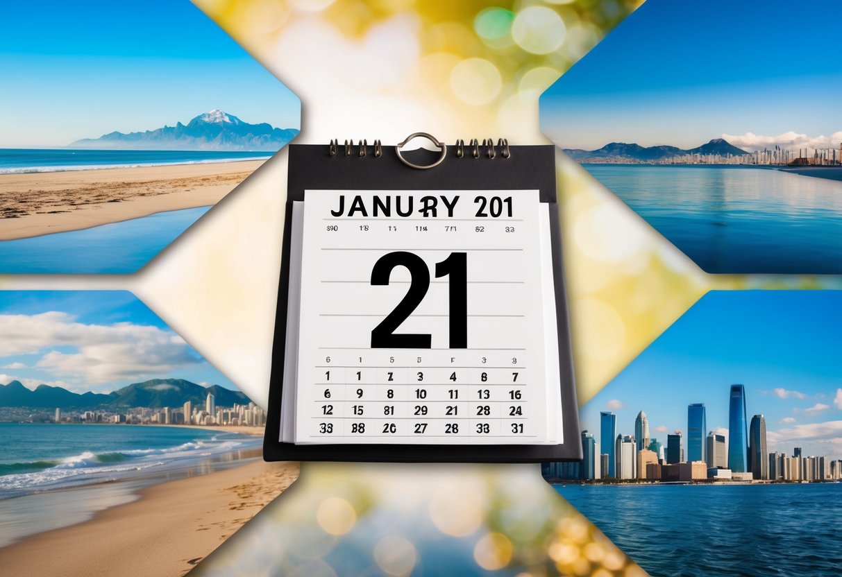 A calendar with a highlighted date, surrounded by images of a beach, mountains, and city skyline