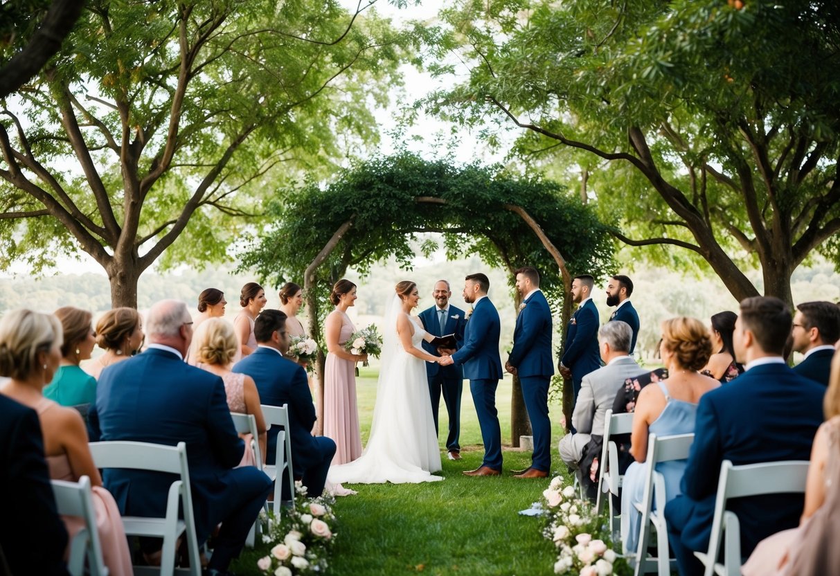 A serene outdoor setting with a small, intimate ceremony under a canopy of trees, surrounded by close family and friends