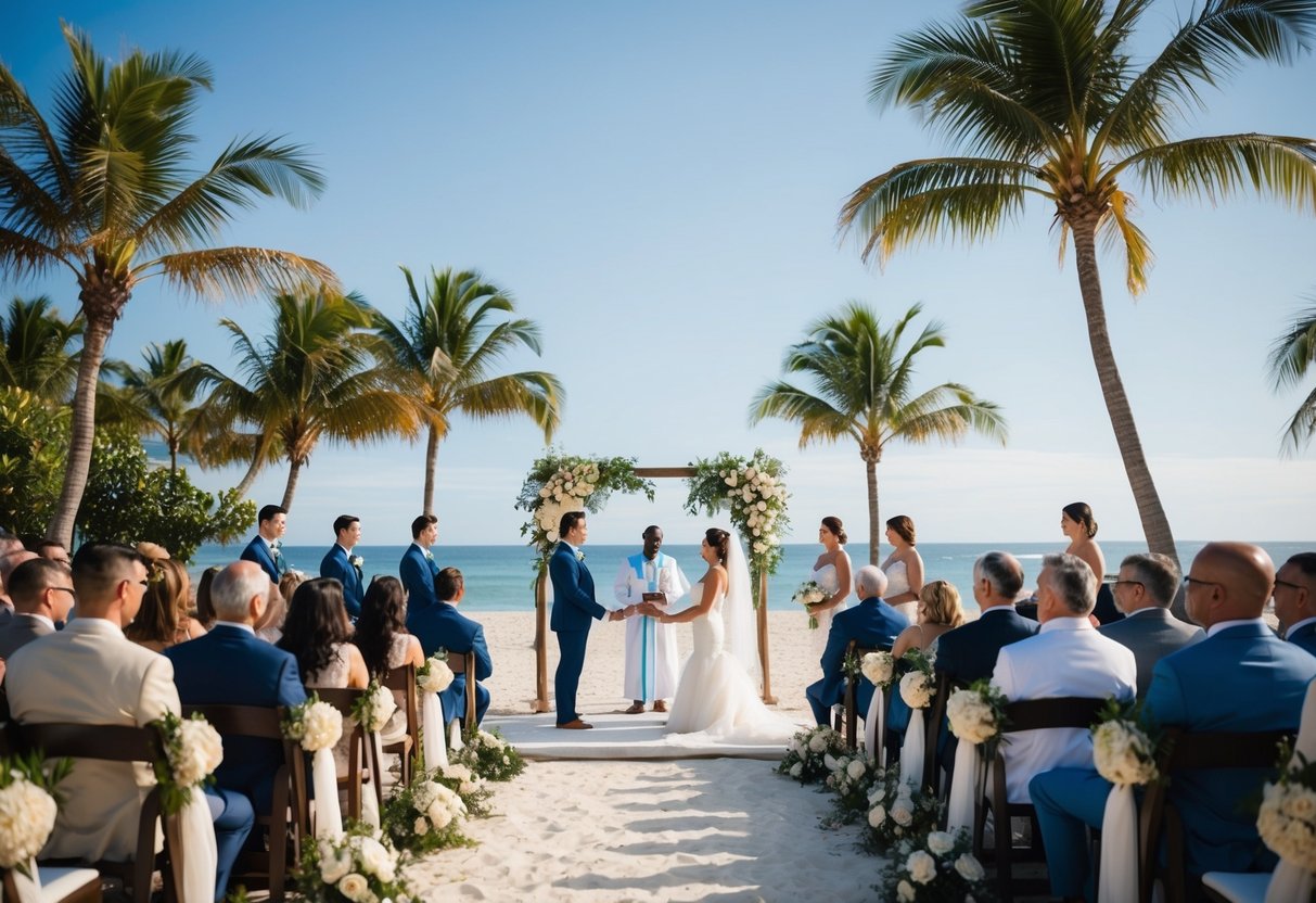 A beach ceremony with palm trees and ocean for a destination wedding. A church or garden setting for a local wedding