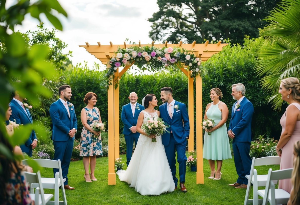 A small, intimate wedding in a lush garden with a colorful arbor and a few close friends and family members in attendance