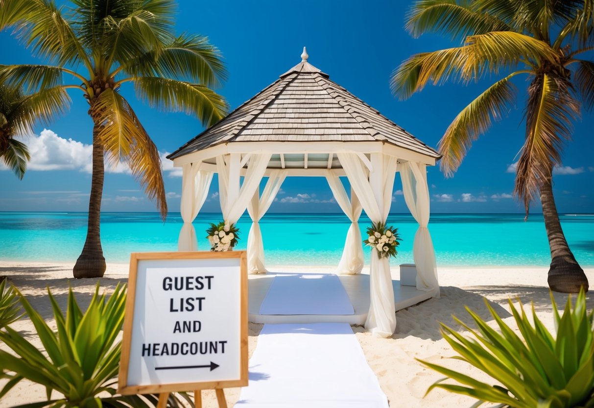 A tropical beach with a wedding gazebo, surrounded by lush palm trees and crystal-clear blue water. A sign displays "Guest List and Headcount" with a clock showing the time limit