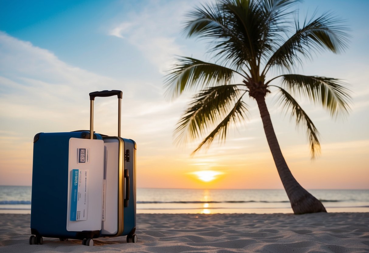A beach with a palm tree and a sunset, with a suitcase left open and a plane ticket inside