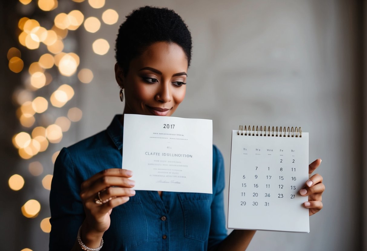 A person holding a wedding invitation while looking at a calendar with a thoughtful expression