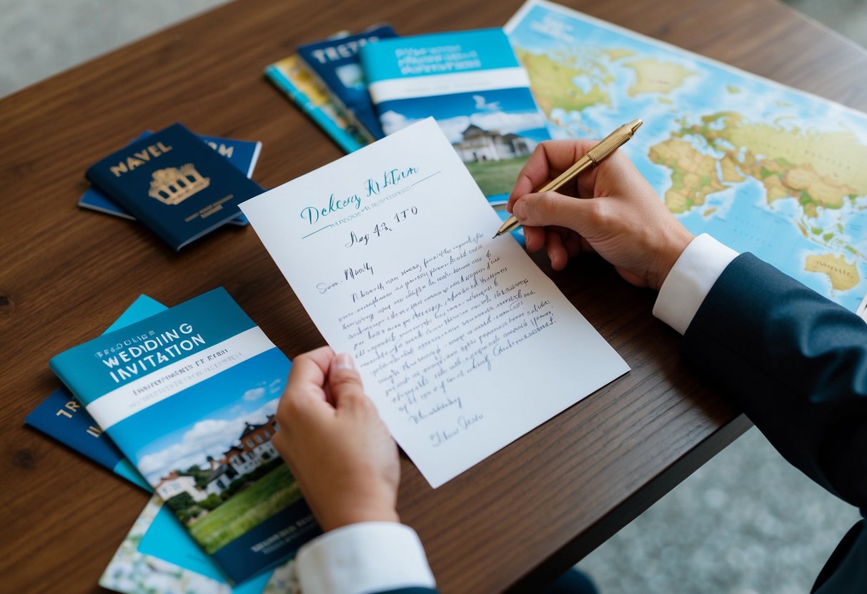 A person declining a wedding invitation via a thoughtful handwritten letter, surrounded by travel brochures and a map