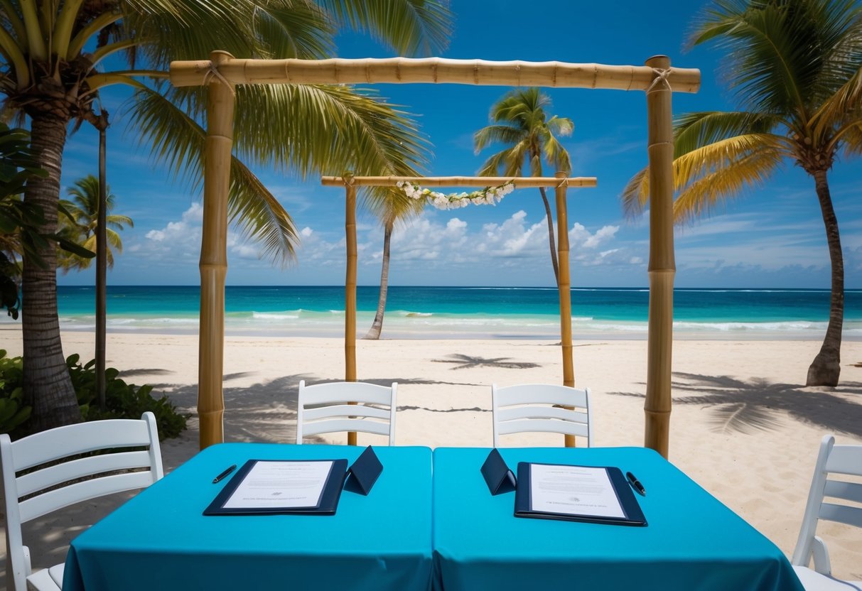 A tropical beach with a bamboo arch, white chairs, and a table for signing documents, surrounded by palm trees and the ocean
