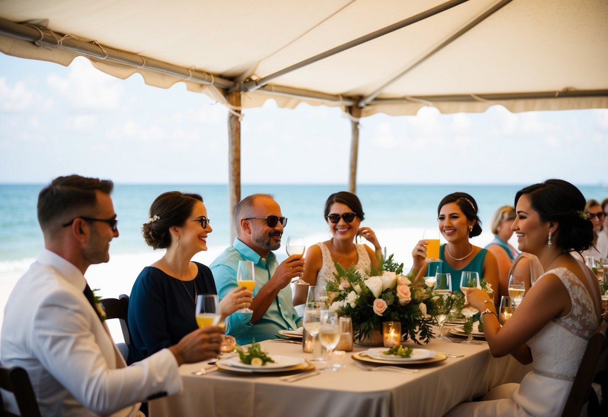 Guests gather under a canopy at a beachside destination wedding, sipping drinks and chatting as they enjoy the ocean view