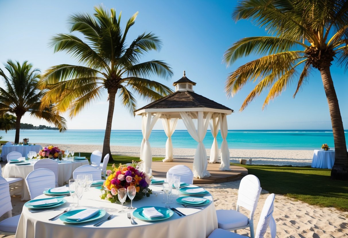 A picturesque beach wedding with palm trees, a gazebo, and a crystal-clear ocean in the background. A table is set with elegant place settings and colorful floral centerpieces