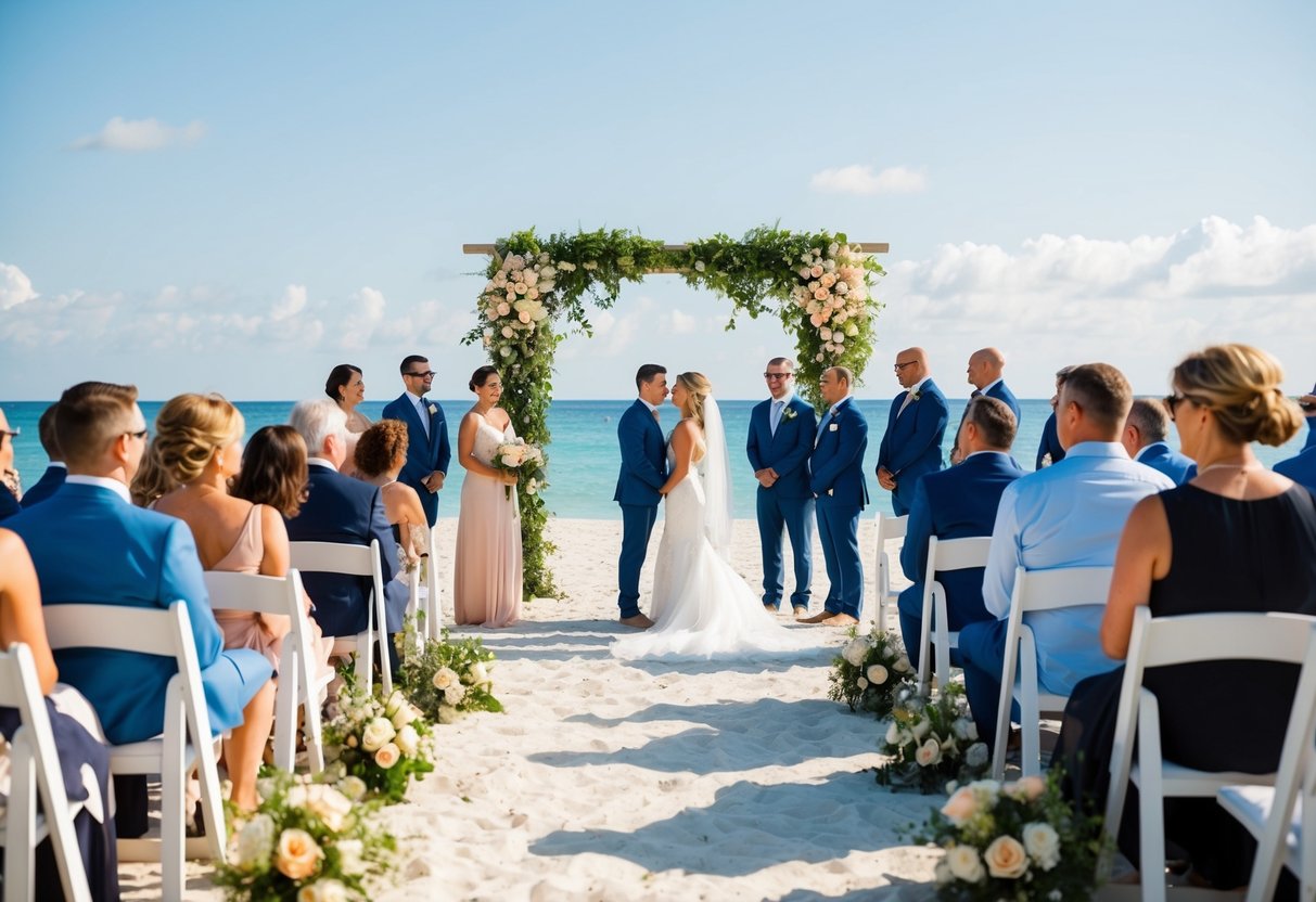 A picturesque beach setting with a small group of guests gathered for a destination wedding ceremony