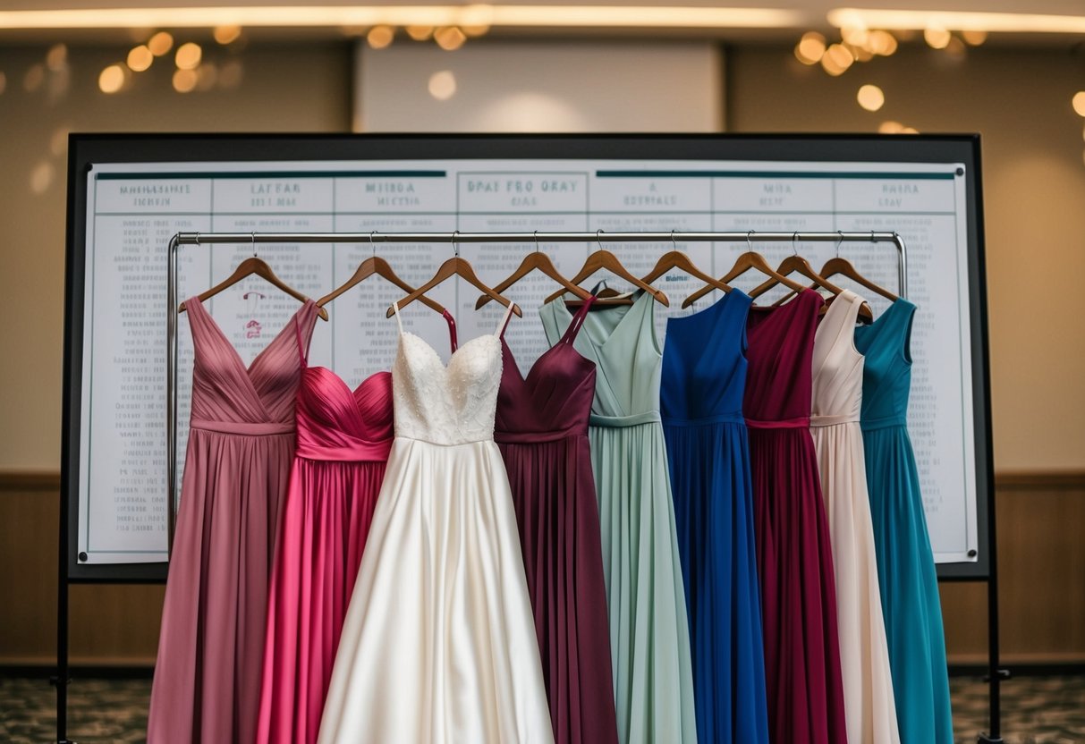 A line of 10 bridesmaid dresses hanging on a rack, with a seating chart for 200 guests in the background