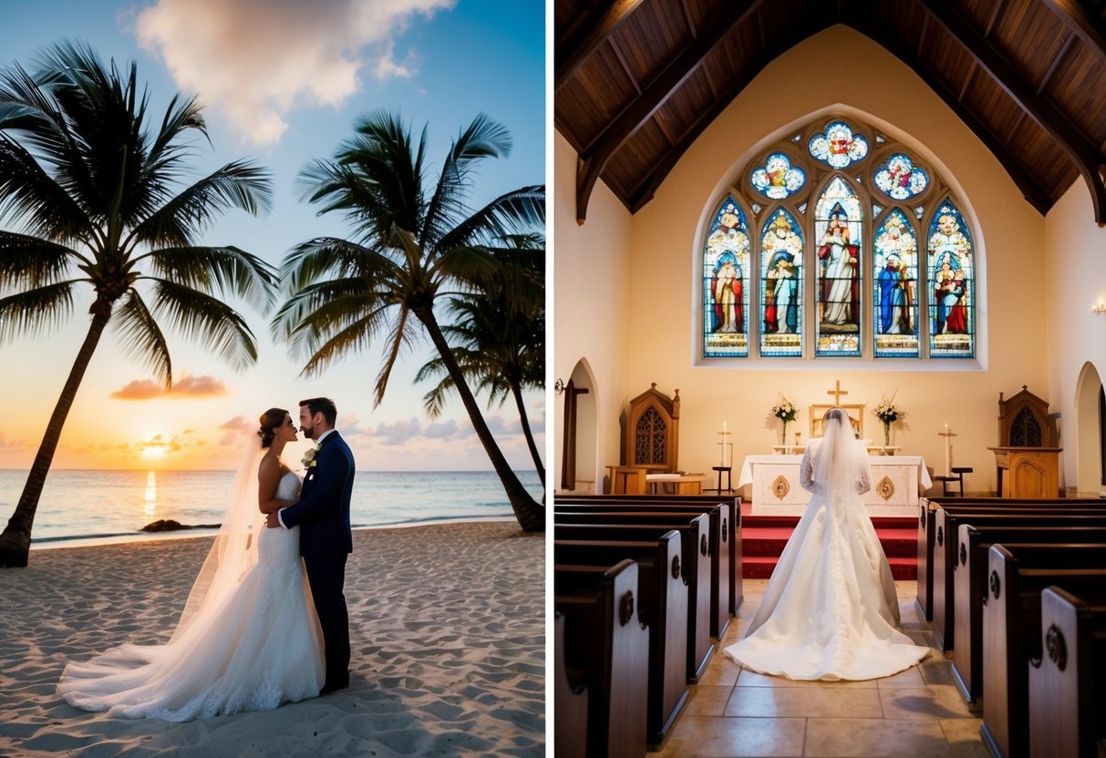 A destination wedding takes place on a tropical beach with palm trees and a sunset, while a traditional wedding is set in a church with stained glass windows and pews