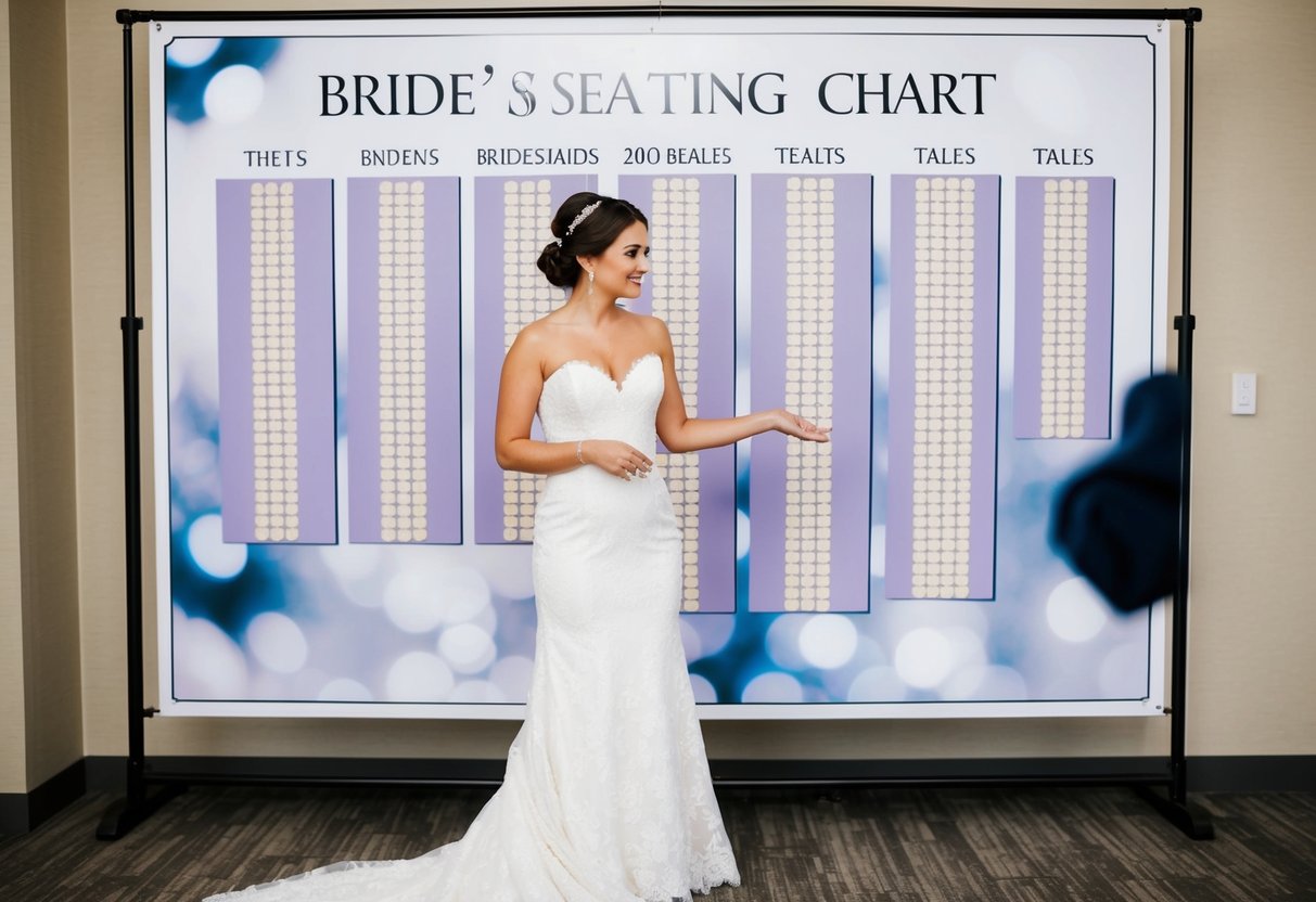 A bride standing in front of a large seating chart, pondering the number of bridesmaids needed for 200 guests