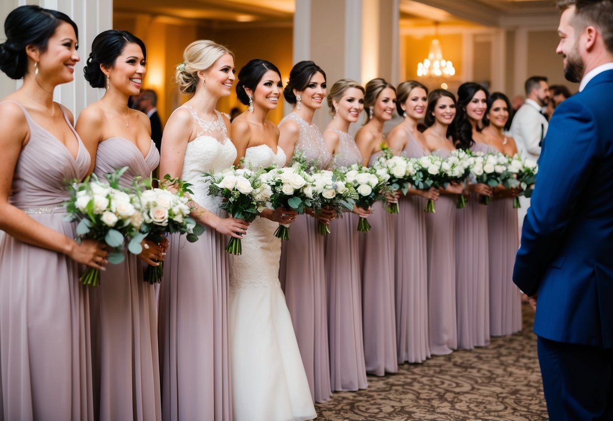 A group of 10 elegantly dressed bridesmaids stand in a line, holding bouquets, while guests mingle in the background at a wedding reception